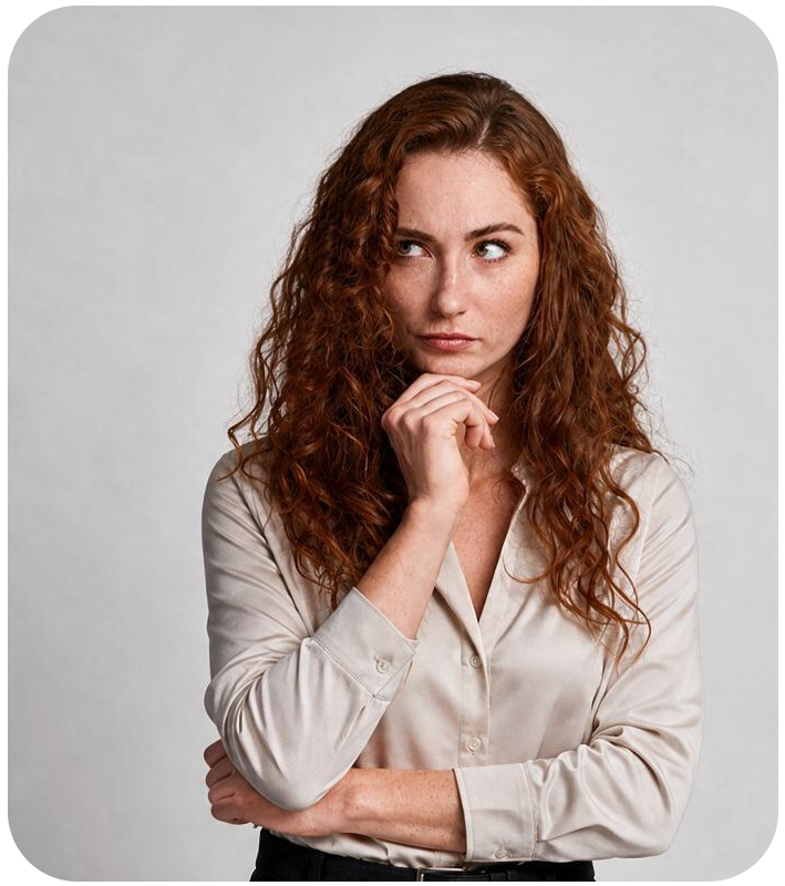 Woman weighing hair topper options and pricing